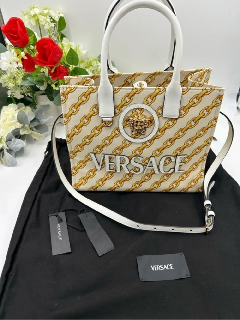 Women’s Versace chain stripe la Medusa tote bag with shoulder strap made Italy